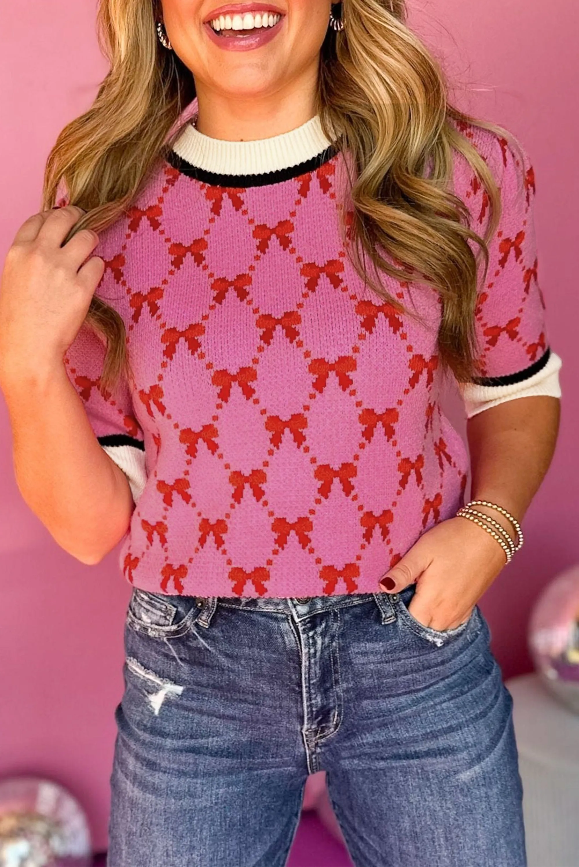 Pink Bow Print Short Sleeve Knit top