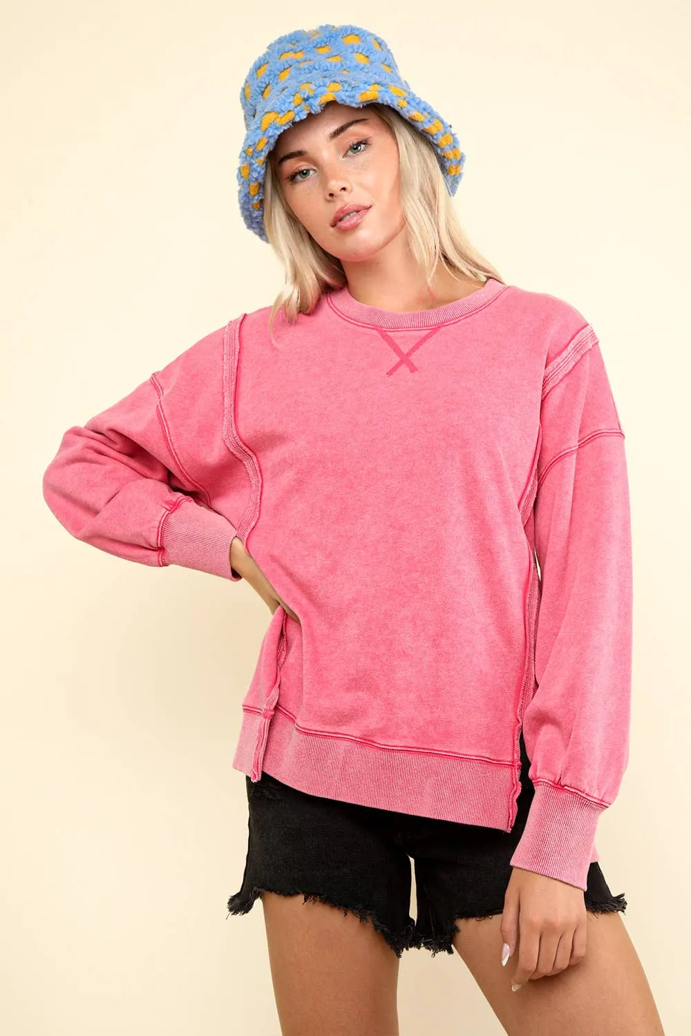 Pink Mineral Washed French Terry Oversized Knit Top