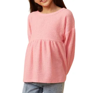 Pink Textured Rib Puff Sleeve Peplum Knit Top