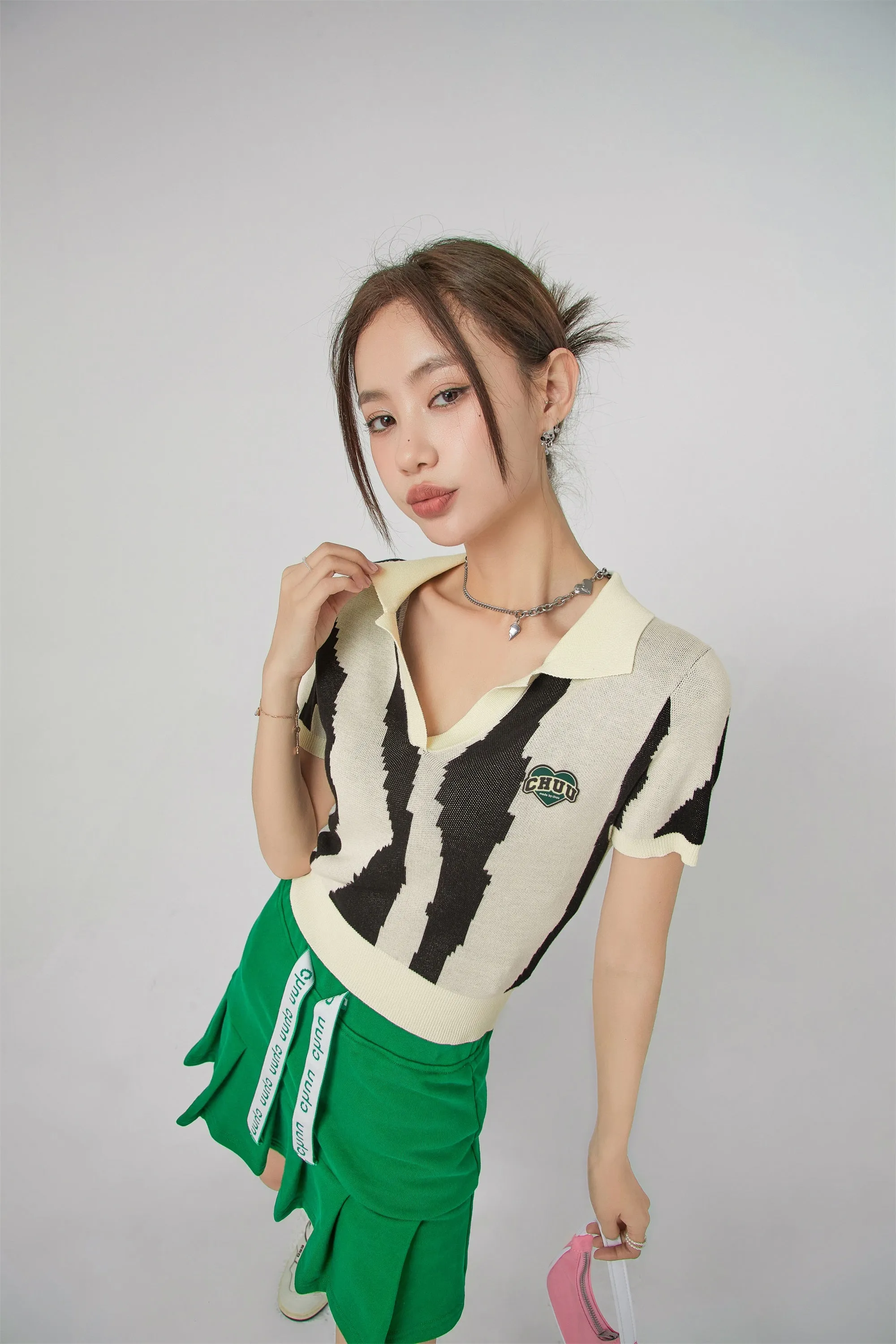 Pixeled Zebra Polo Knit Top