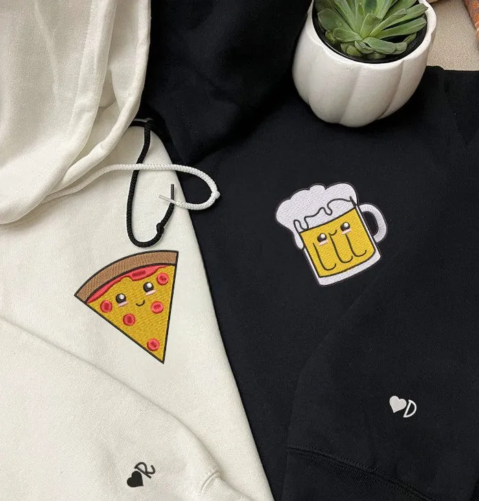 Pizza and Beer Embroidered Matching Couple Hoodies - Personalized Embroidered Sweatshirts For Couples