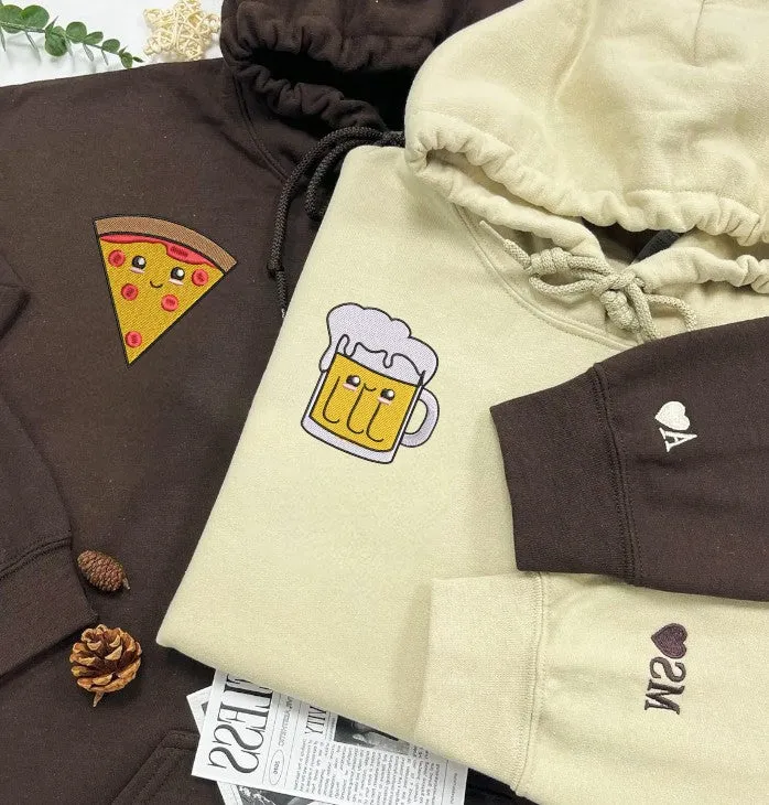 Pizza and Beer Embroidered Matching Couple Hoodies - Personalized Embroidered Sweatshirts For Couples