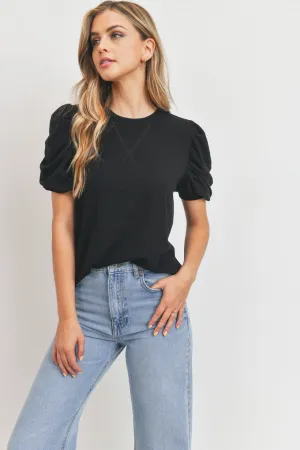 Pleated Puff Sleeves Soft French Terry Knit Top