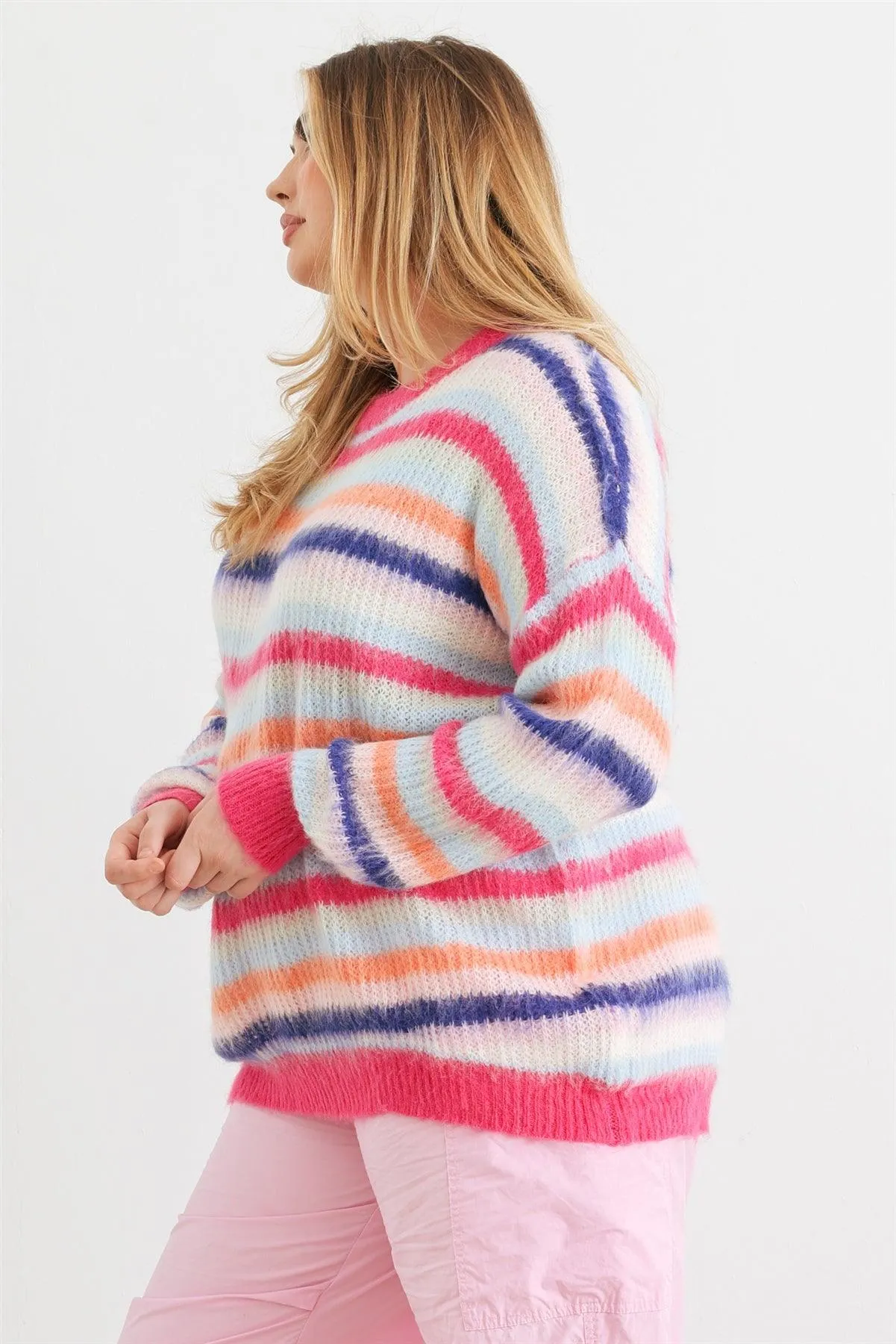 Plus Size Fuchsia Mix Stripe Knit Long Sleeve Sweater