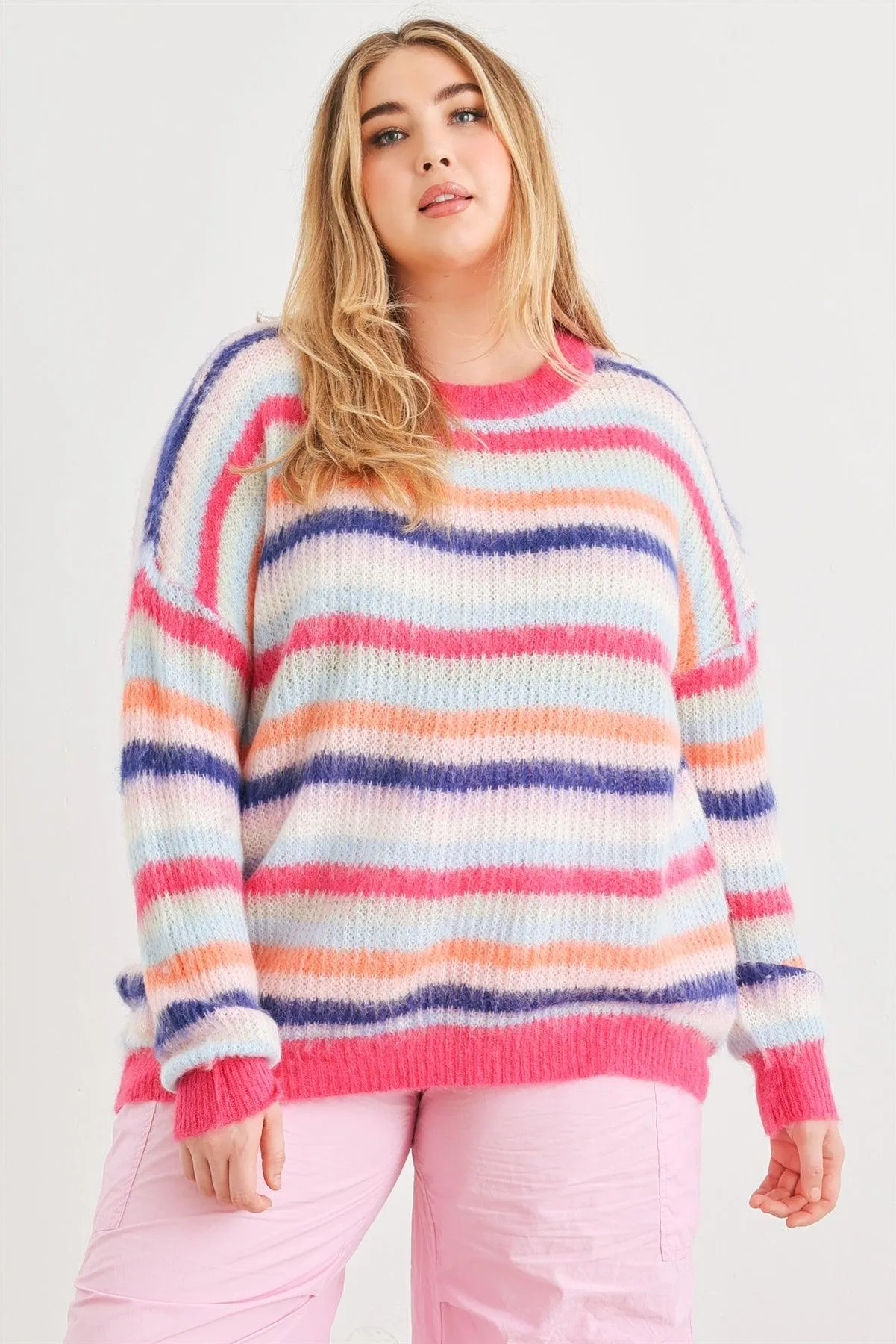 Plus Size Fuchsia Mix Stripe Knit Long Sleeve Sweater