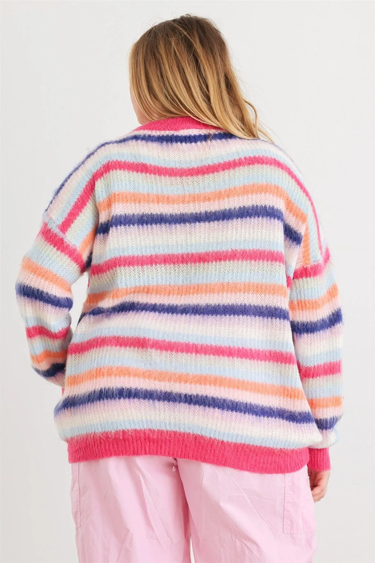 Plus Size Fuchsia Mix Stripe Knit Long Sleeve Sweater