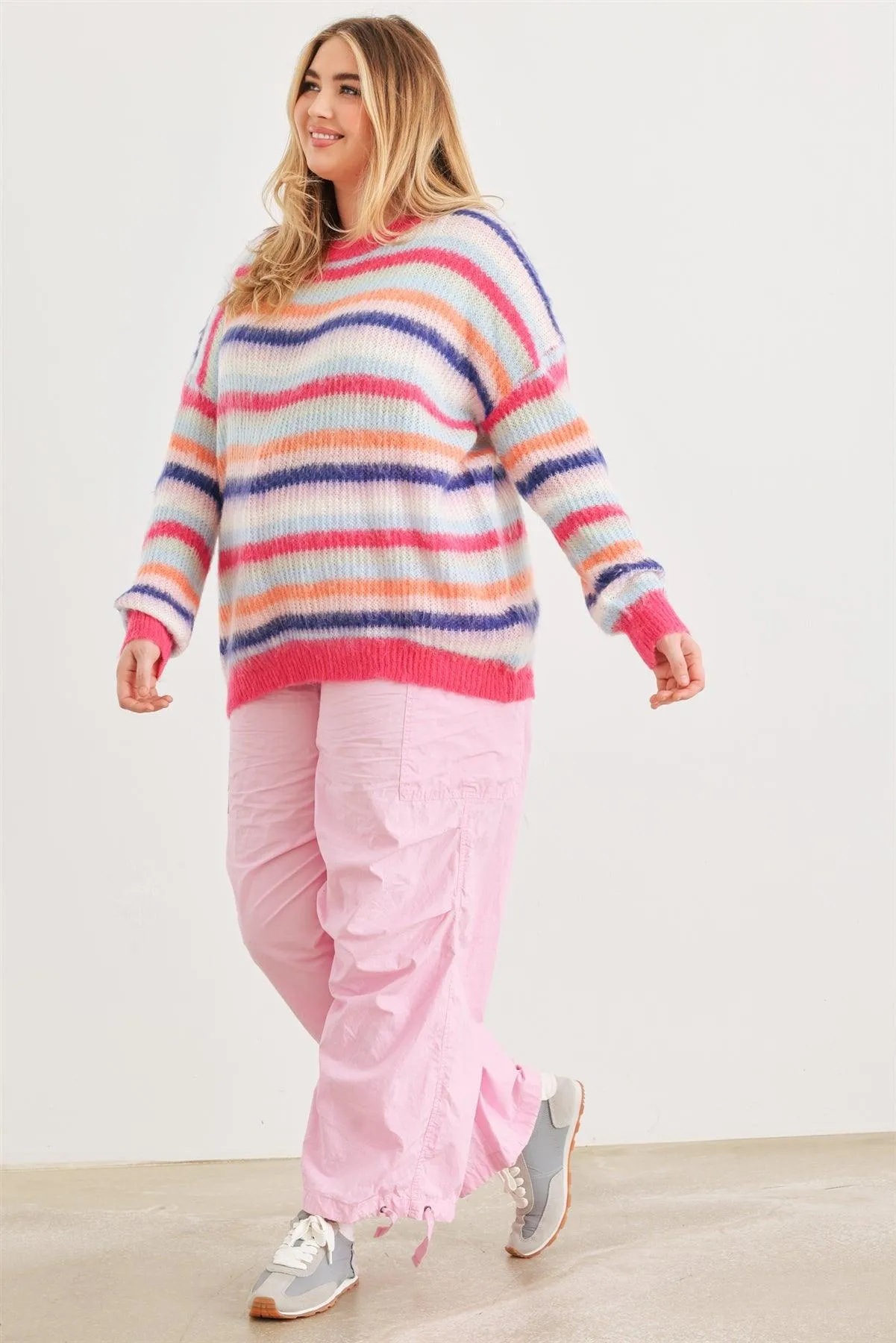 Plus Size Fuchsia Mix Stripe Knit Long Sleeve Sweater