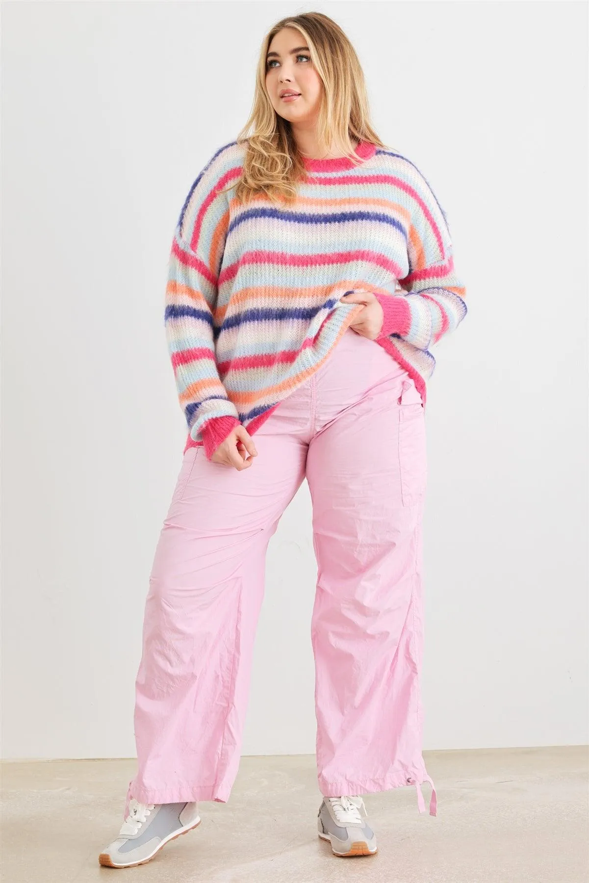 Plus Size Fuchsia Mix Stripe Knit Long Sleeve Sweater