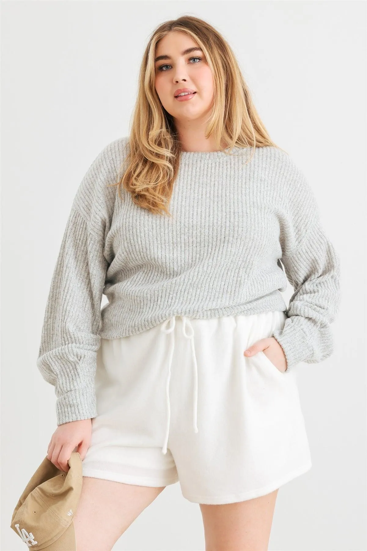 Plus Size Ruched Long Sleeves Ribbed Knit Sweater /3-2-1