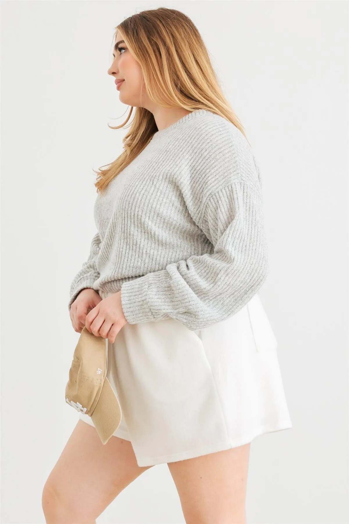 Plus Size Ruched Long Sleeves Ribbed Knit Sweater /3-2-1