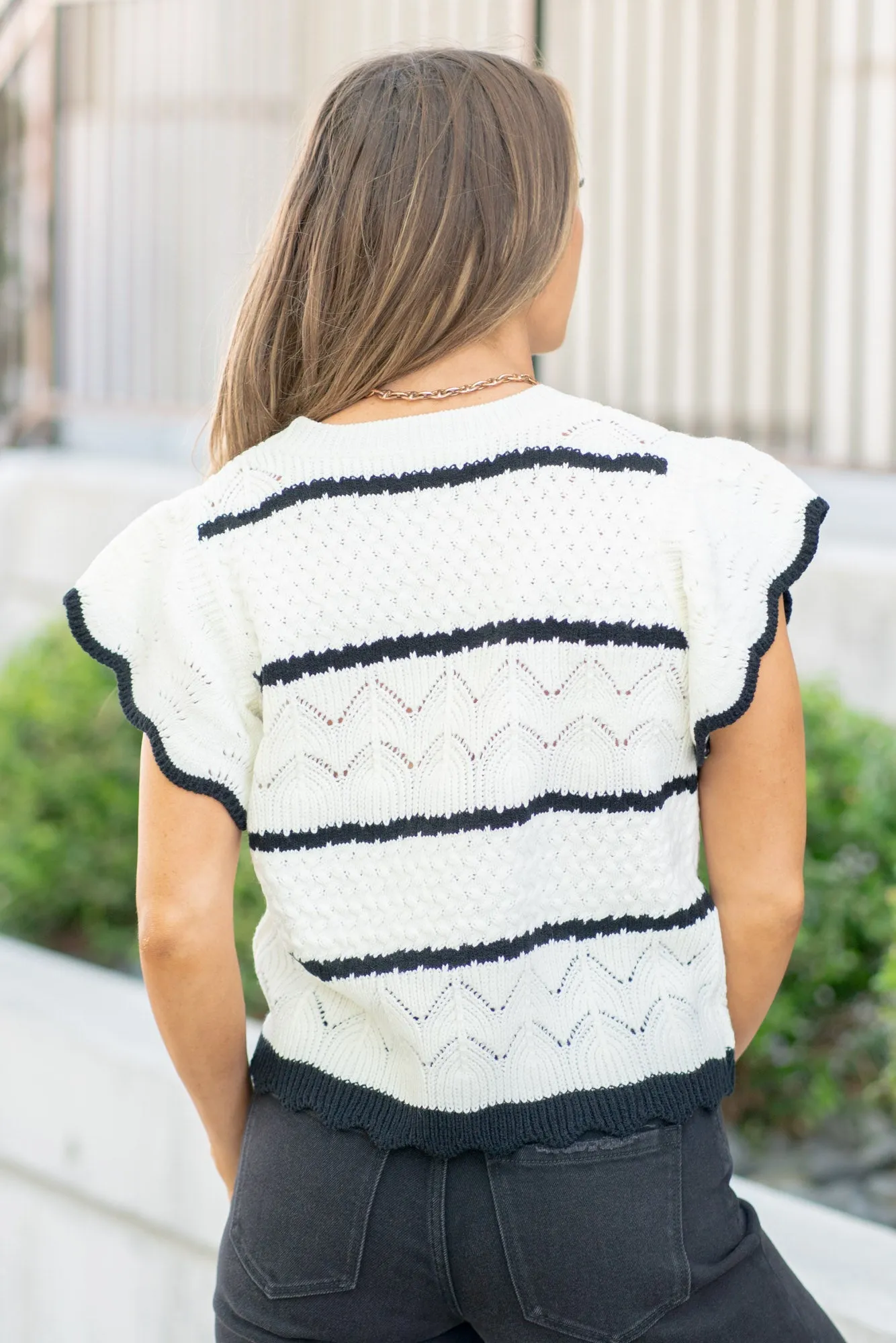 Pointelle Contrast Striped Short Sleeve Knit Top