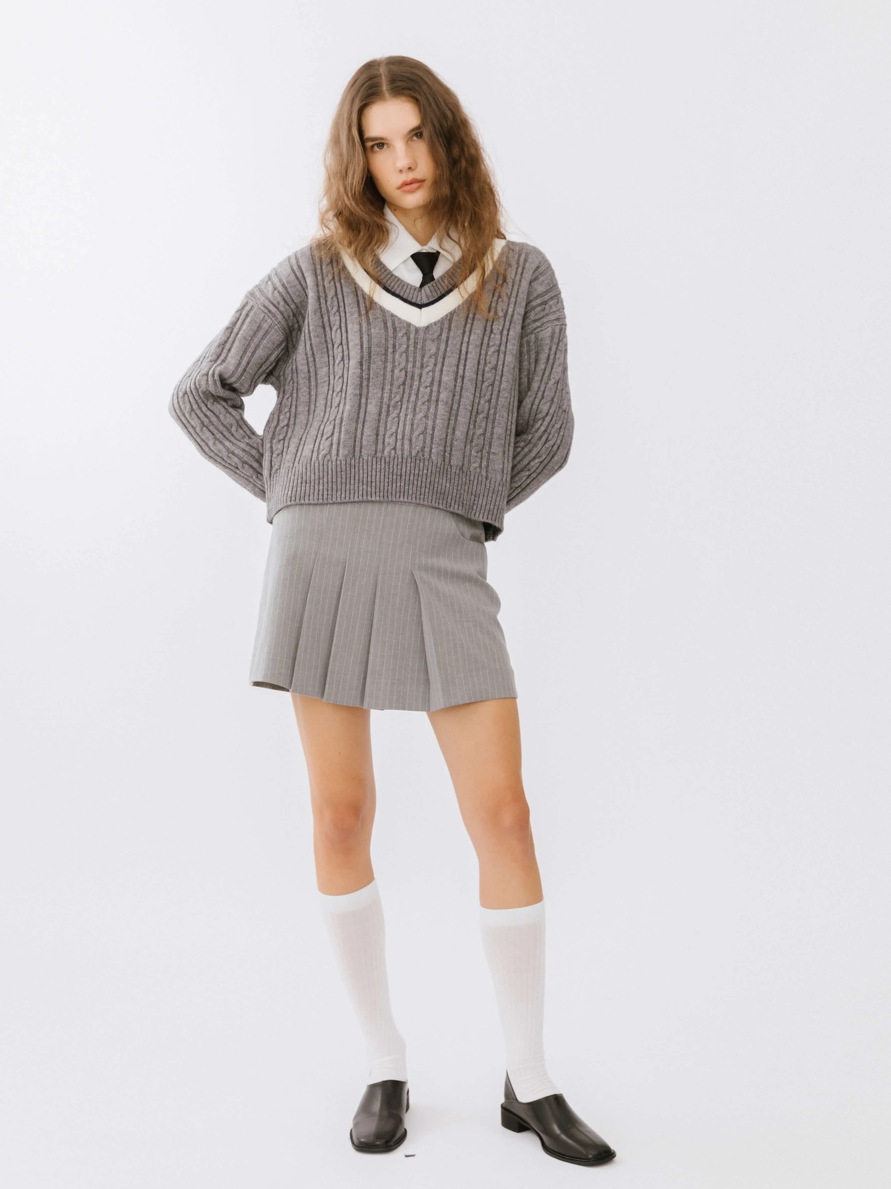 Preppy V-Neck Cable Knit Sweater