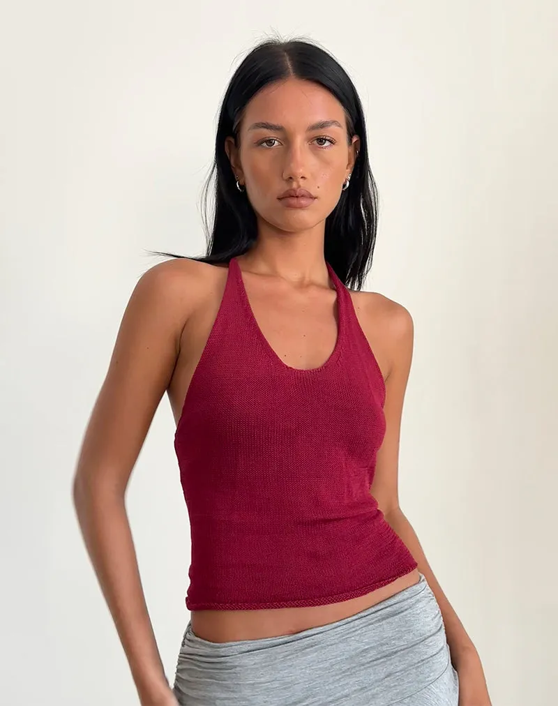 Priscilla Halter Top in Sheer Knit Red