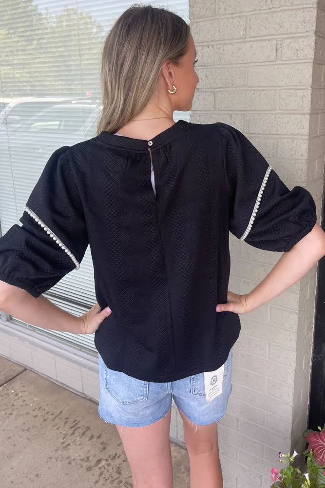 Quilted Pearl Sleeve Knit Top-Black