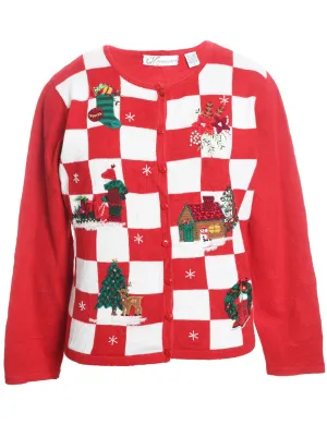 Red & White Appliqued Christmas Cardigan  - L