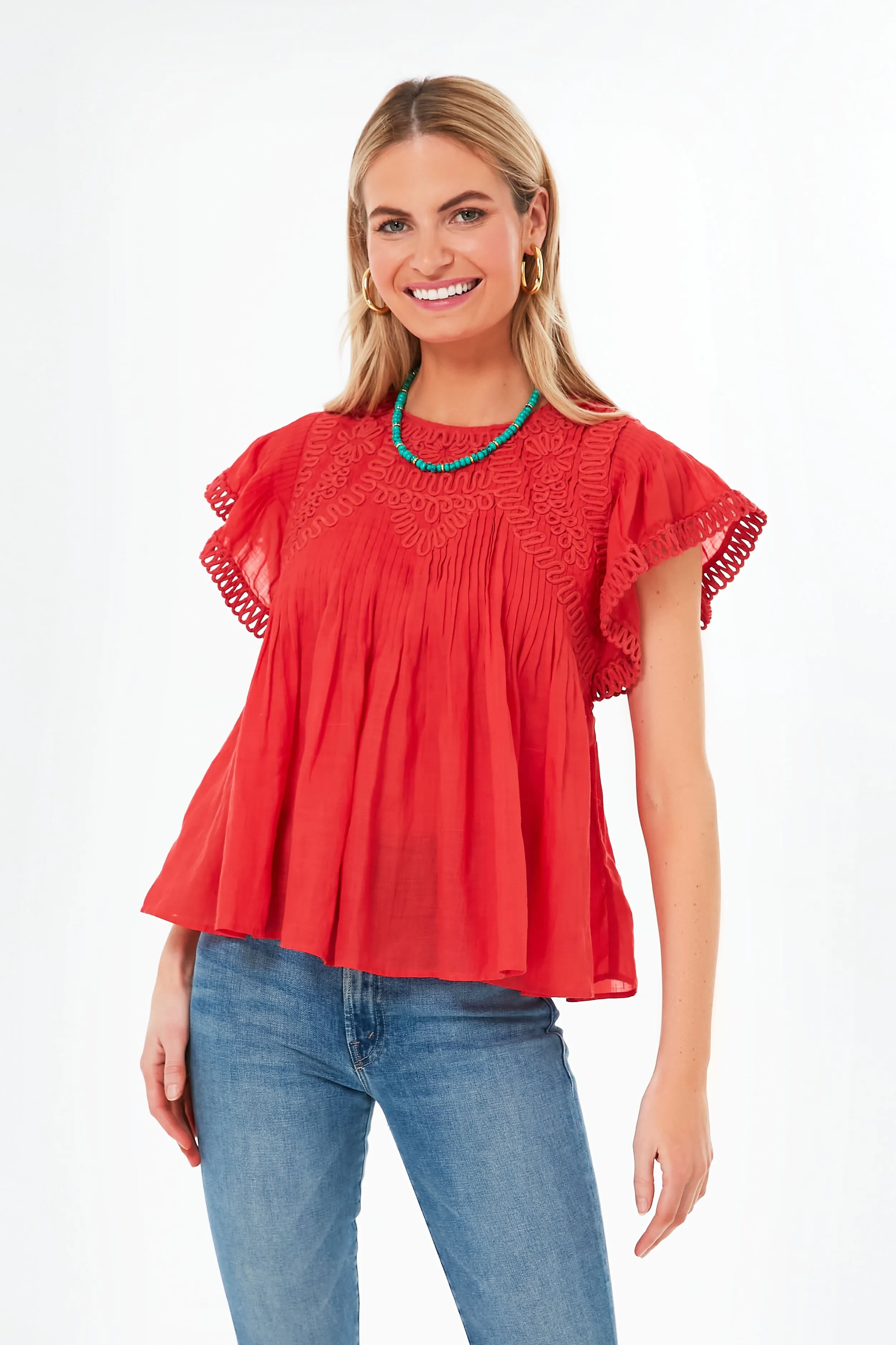 Red Frida Solid Flutter Sleeve Top