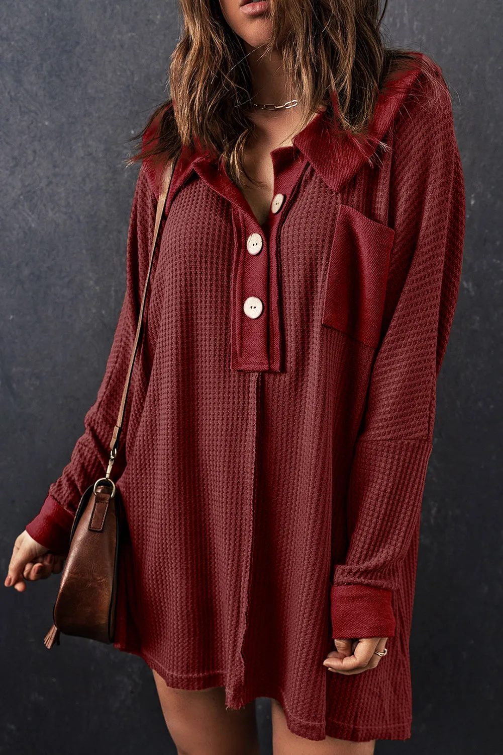 Red Waffle Knit Buttoned Long Sleeve Top