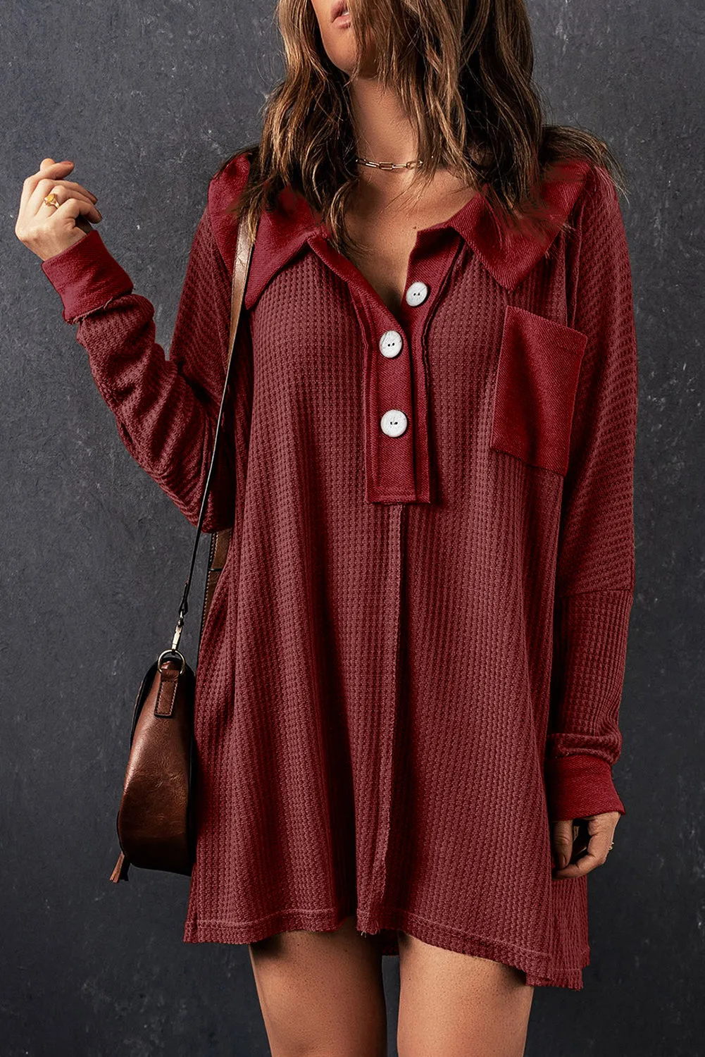 Red Waffle Knit Buttoned Long Sleeve Top