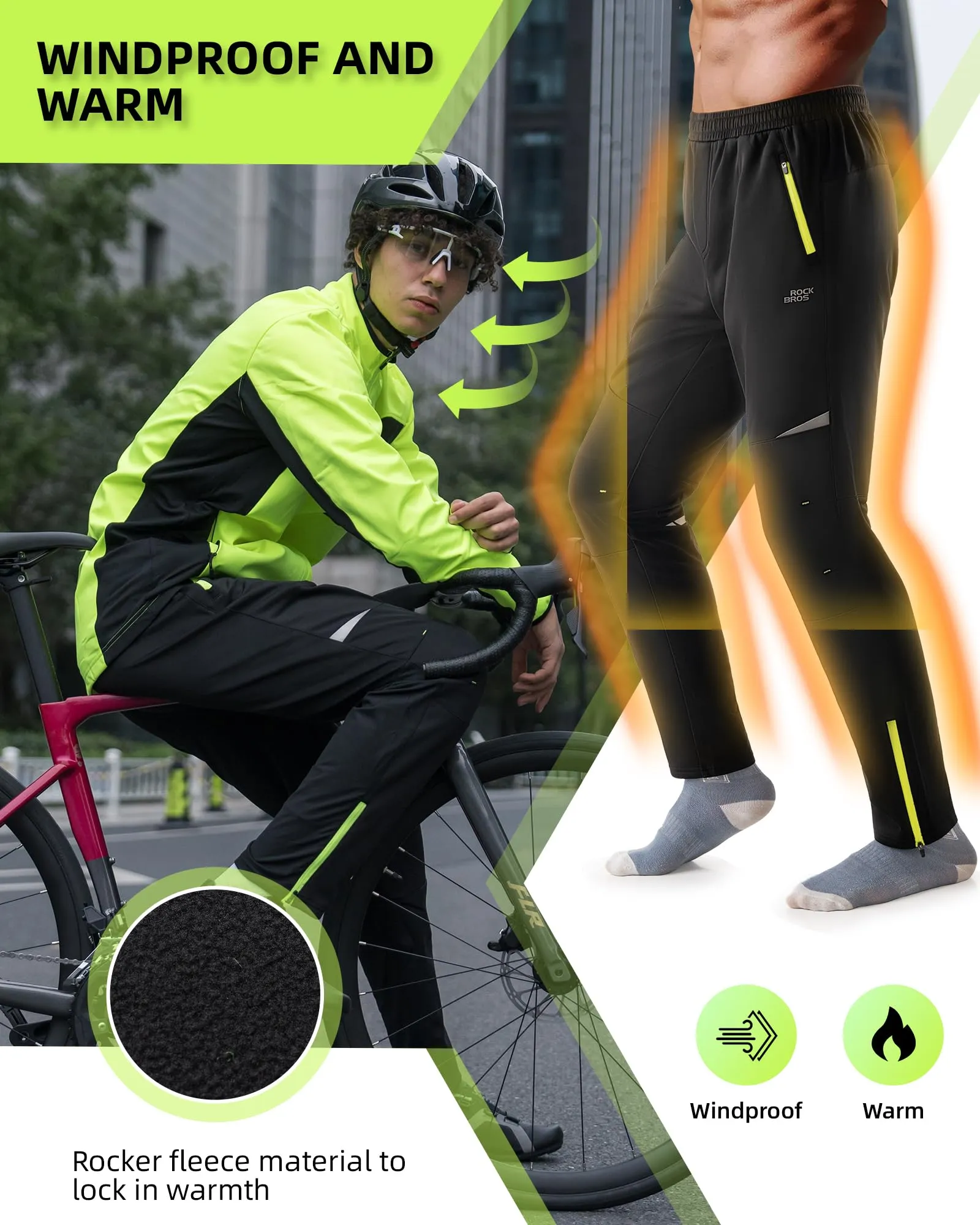 ROCKBROS Winter Thermal Tights Windproof Bike Cycling Pants for Running Outdoor Hiking Gear