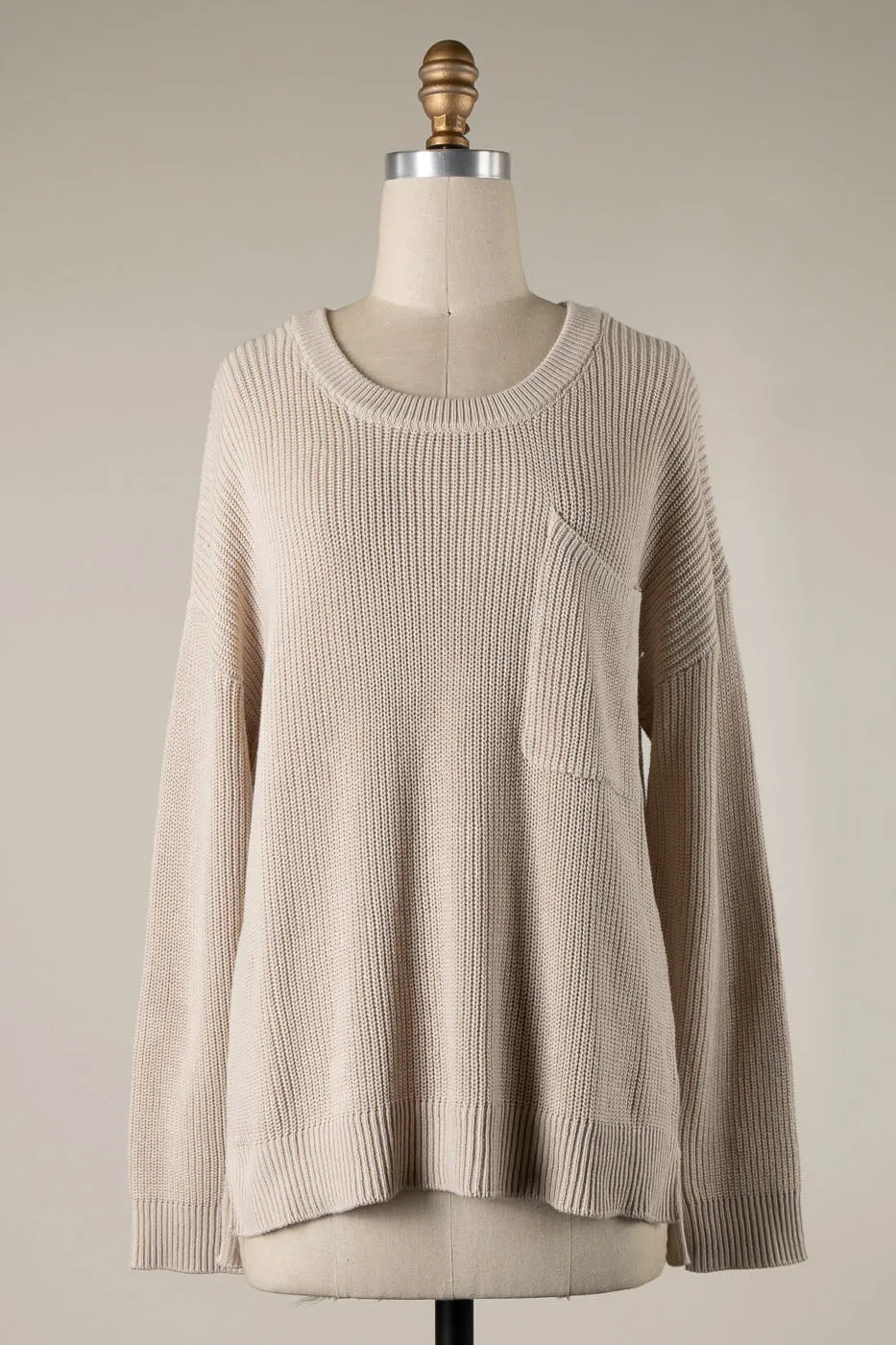 ROUND NECK PATCHED POCKET CABLE KNIT SWEATER 1 PACK