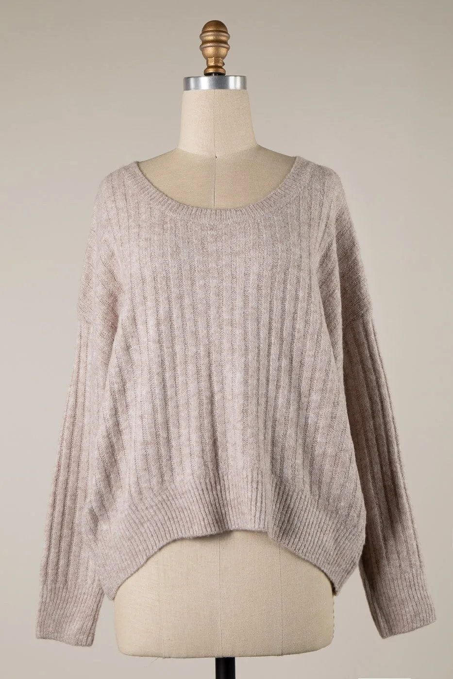 ROUND NECK RIBBED SOFT KNIT SWEATER