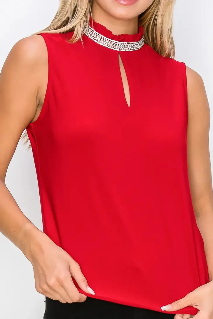 Ruffle Mock Neck Sleeveless Knit Top