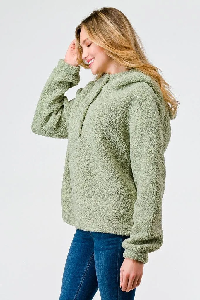 Sage Sherpa Button-Up Neck Two Pocket Hooded Pullover