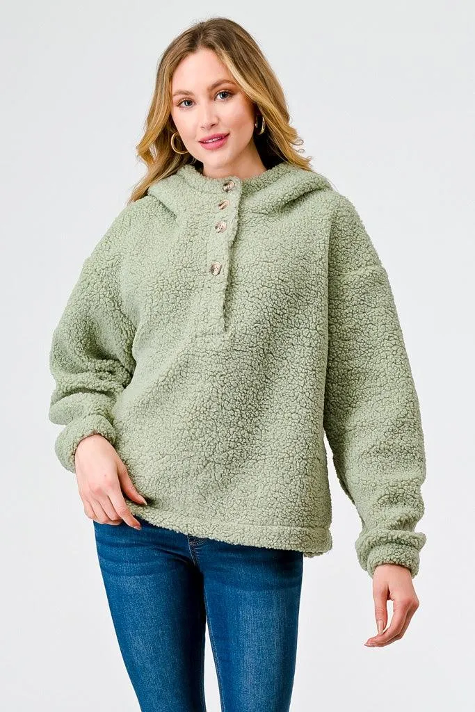 Sage Sherpa Button-Up Neck Two Pocket Hooded Pullover