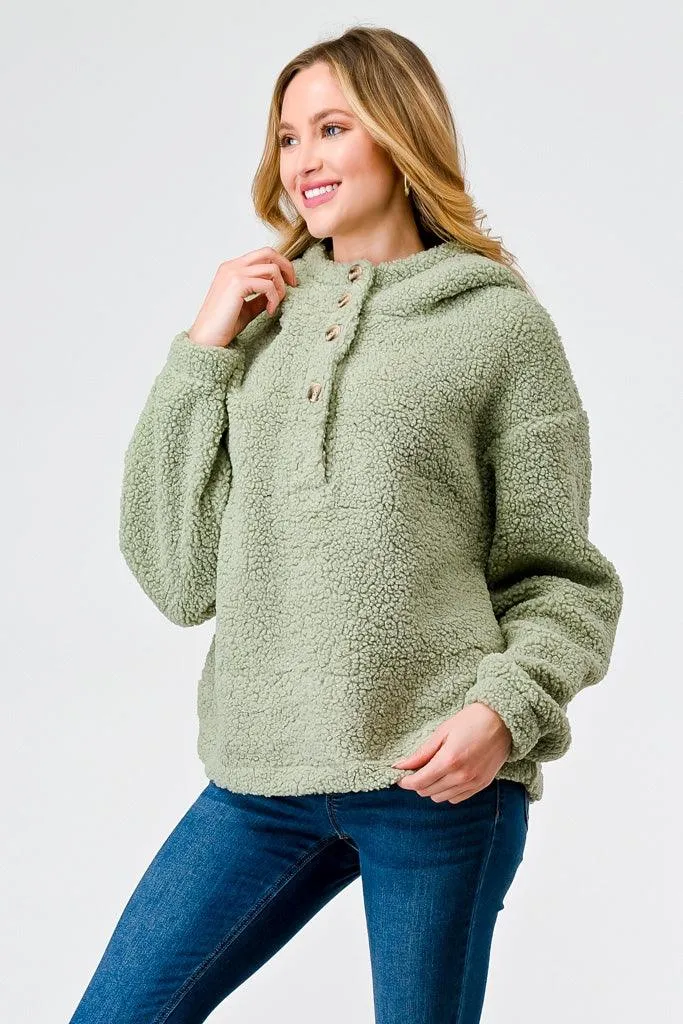 Sage Sherpa Button-Up Neck Two Pocket Hooded Pullover