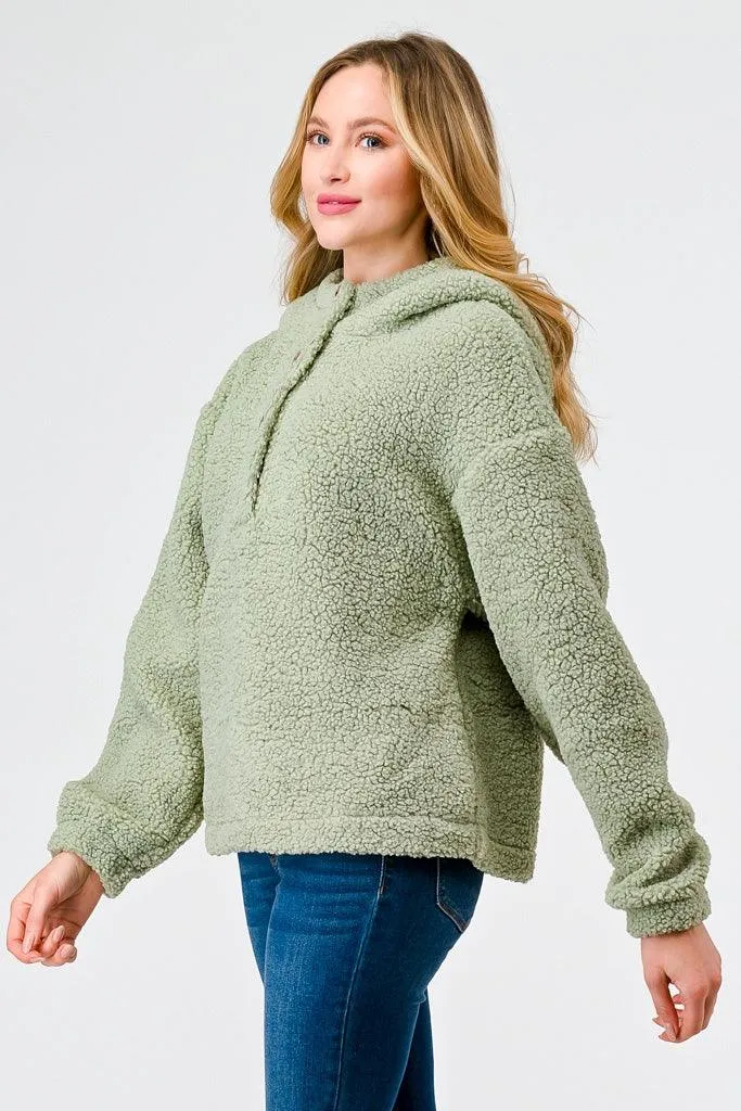 Sage Sherpa Button-Up Neck Two Pocket Hooded Pullover