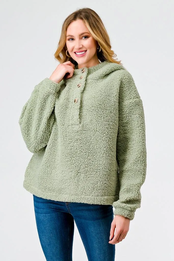 Sage Sherpa Button-Up Neck Two Pocket Hooded Pullover