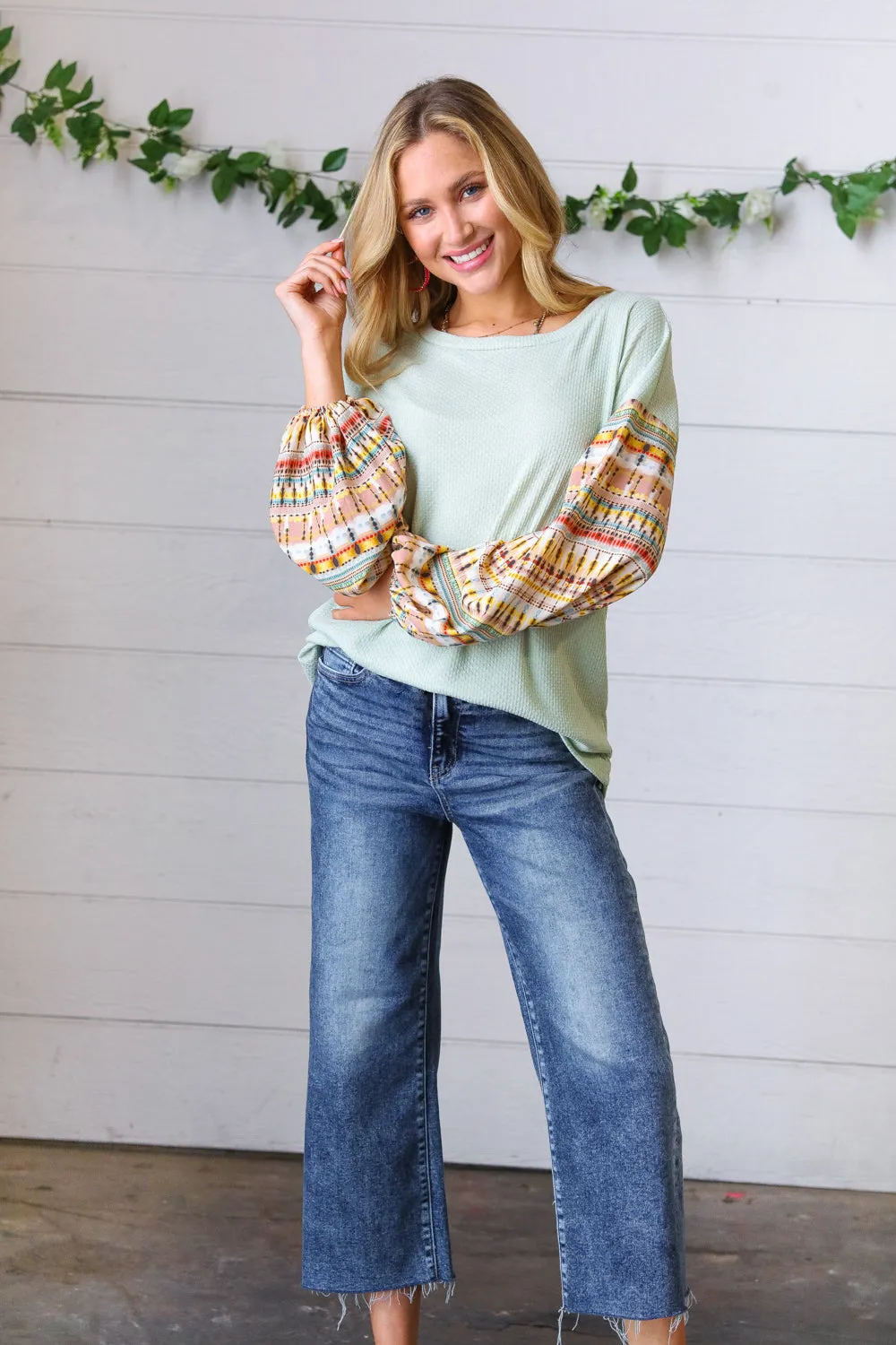 Sage Waffle Knit Boho Bubble Sleeve Top