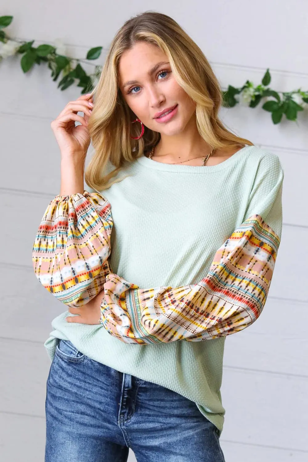 Sage Waffle Knit Boho Bubble Sleeve Top