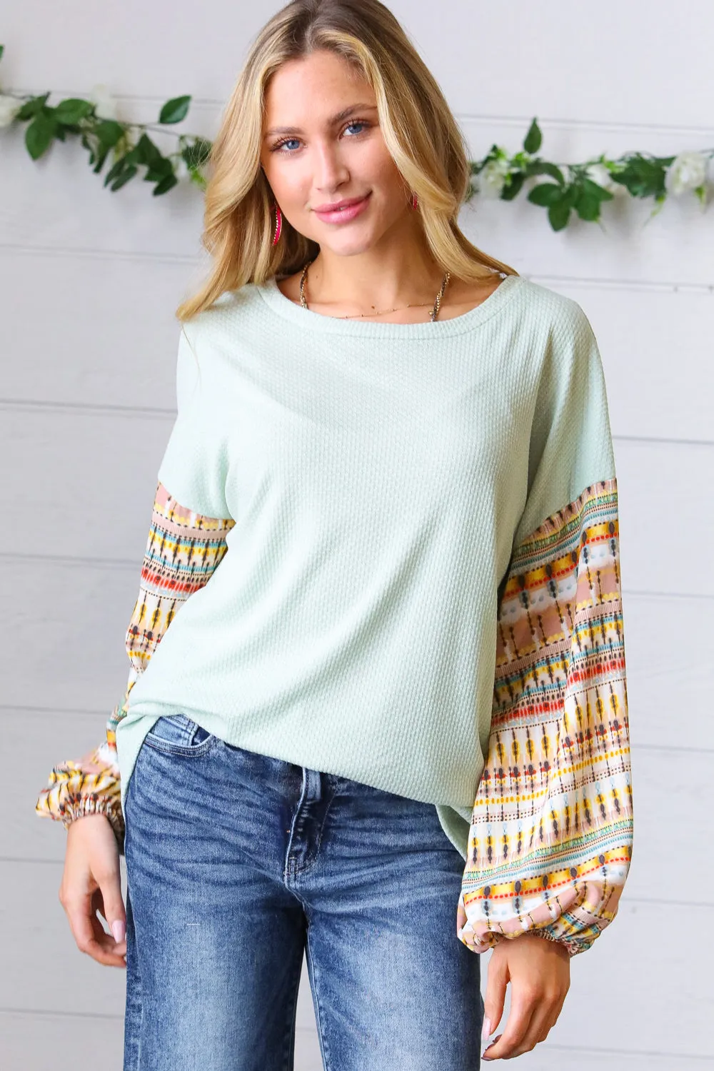 Sage Waffle Knit Boho Bubble Sleeve Top