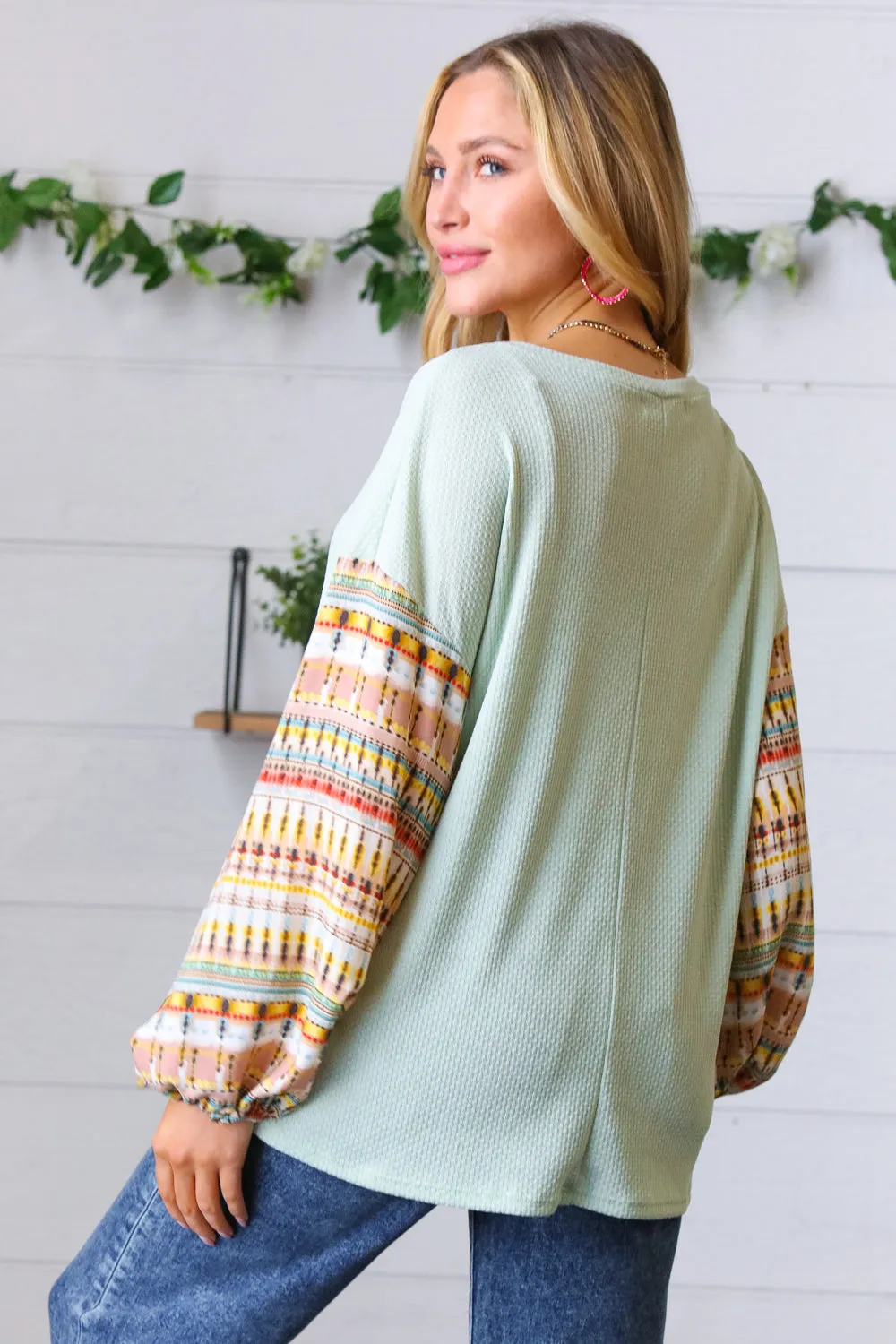 Sage Waffle Knit Boho Bubble Sleeve Top