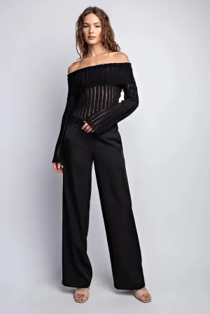 Sheer Knit Off Shoulder Flared Sleeves Top Black