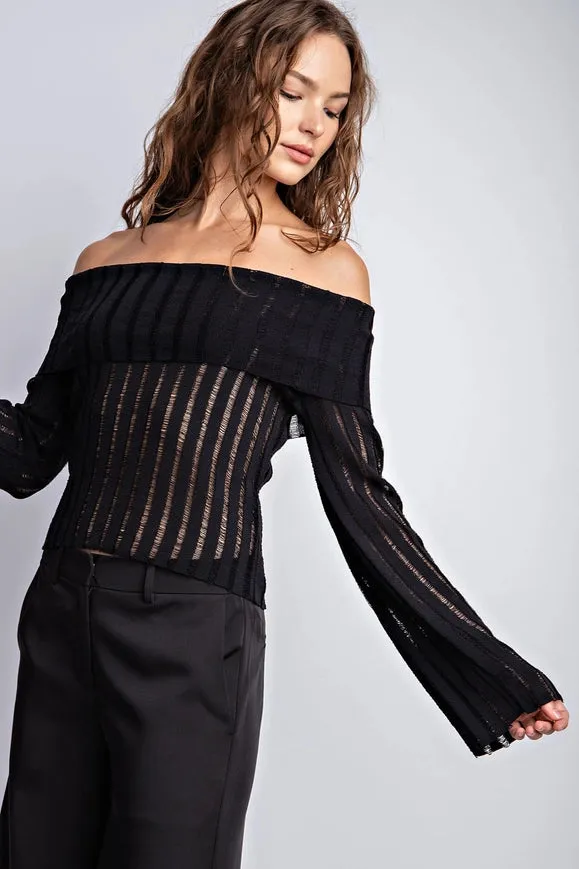 Sheer Knit Off Shoulder Flared Sleeves Top Black