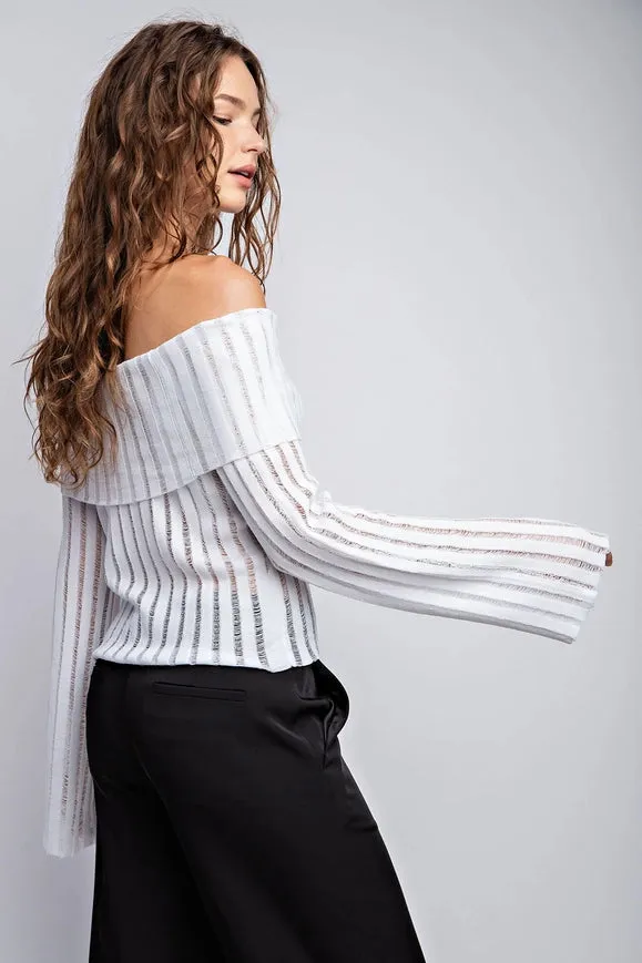 Sheer Knit Off Shoulder Flared Sleeves Top White