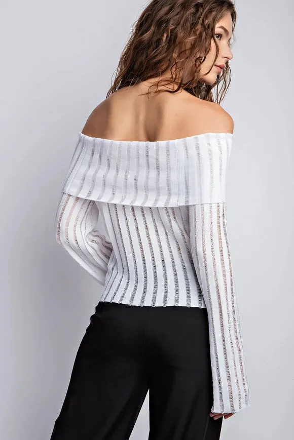 Sheer Knit Off Shoulder Flared Sleeves Top White