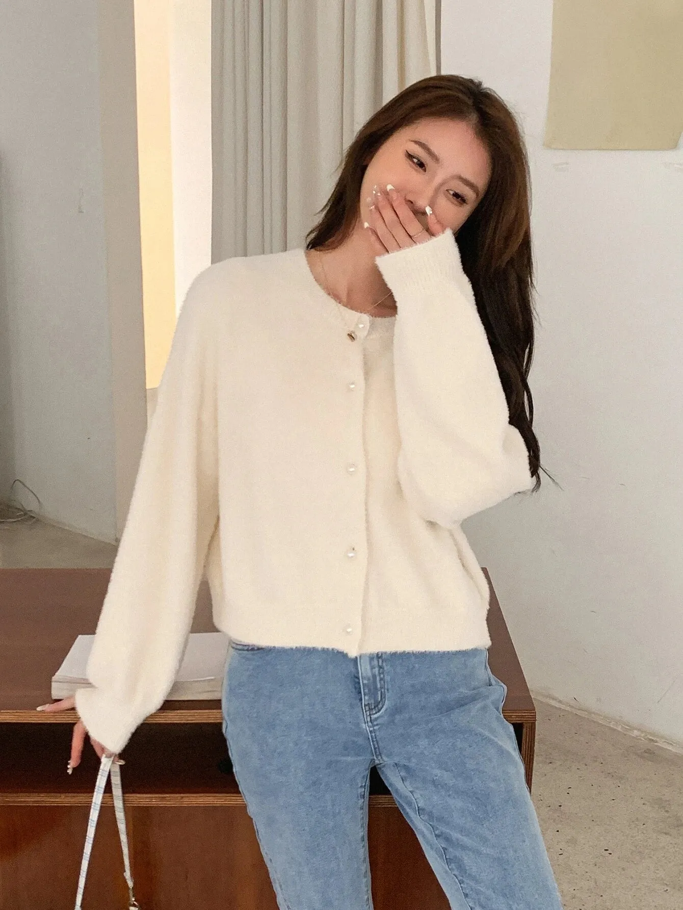 SHEIN DAZY Drop Shoulder Fluffy Knit Button Front Cardigan