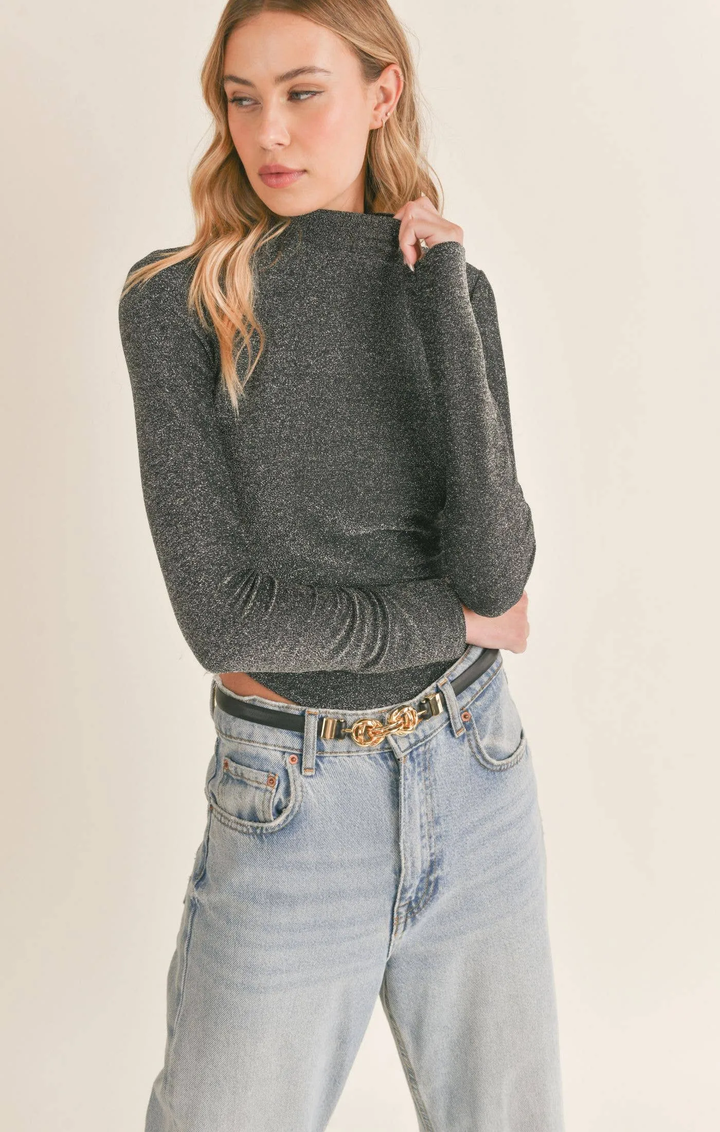 Shimmer In The Light Mockneck Knit Top: BLACK SILVER