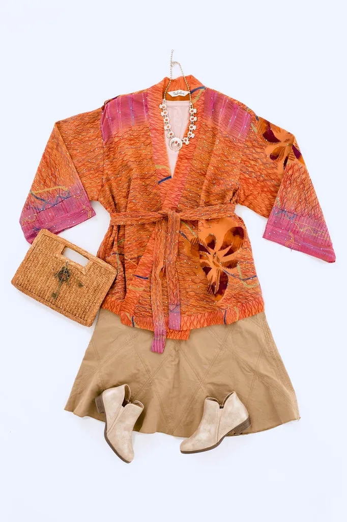 Silk Kimono Cardigan / Vintage Indian Sari / Orange & Purple Floral