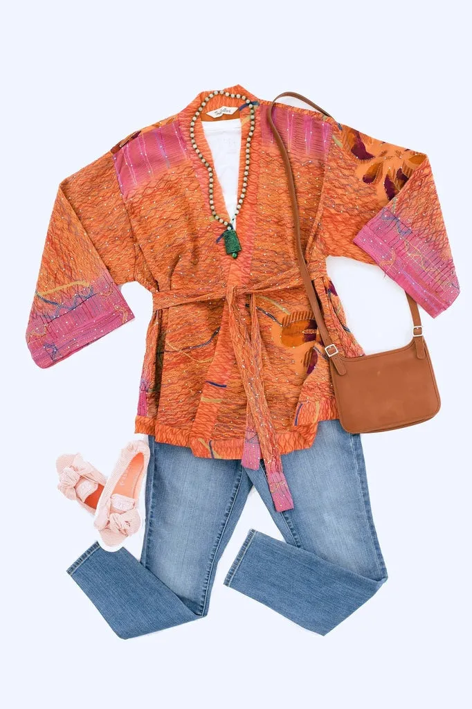 Silk Kimono Cardigan / Vintage Indian Sari / Orange & Purple Floral