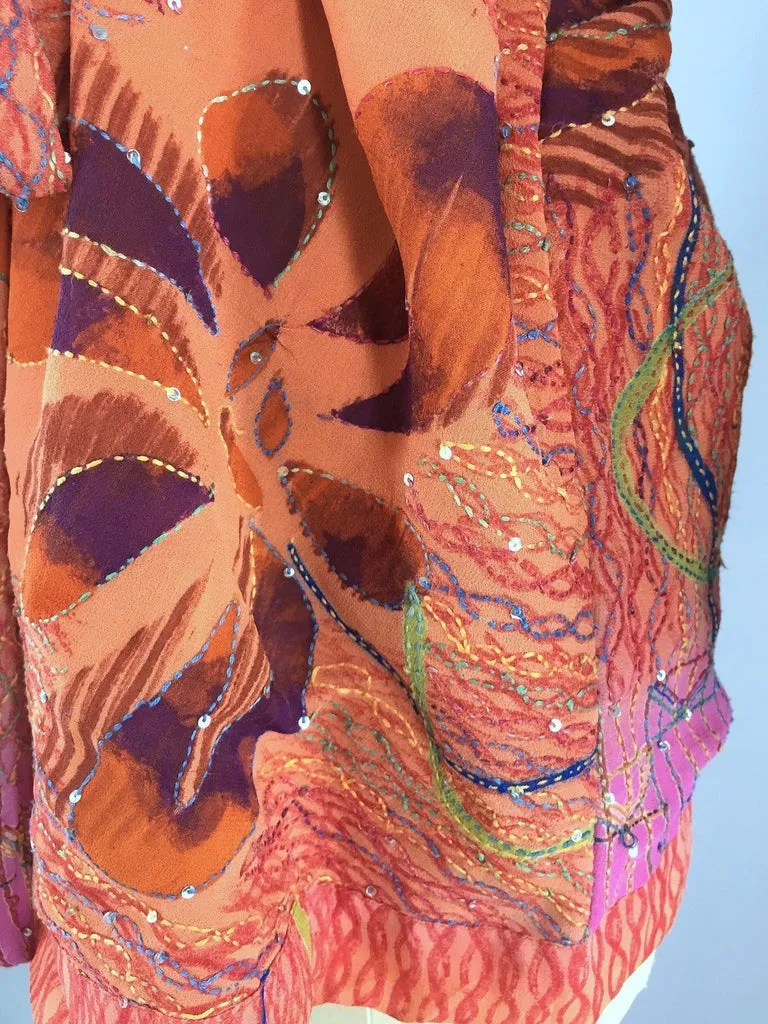 Silk Kimono Cardigan / Vintage Indian Sari / Orange & Purple Floral