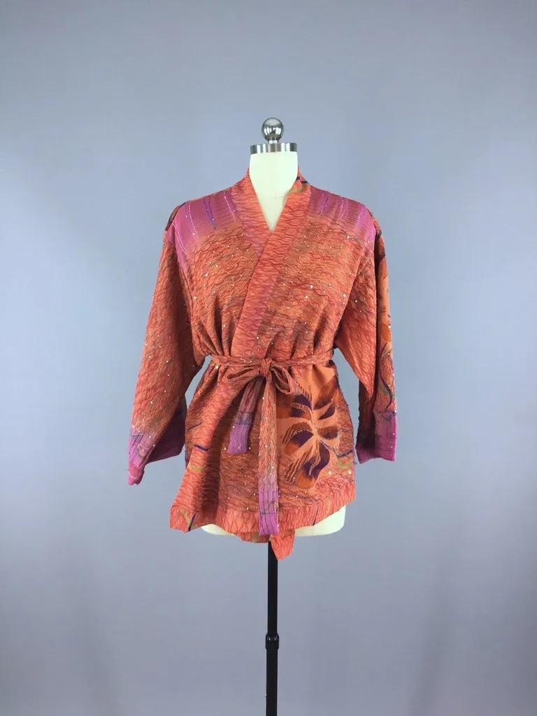 Silk Kimono Cardigan / Vintage Indian Sari / Orange & Purple Floral