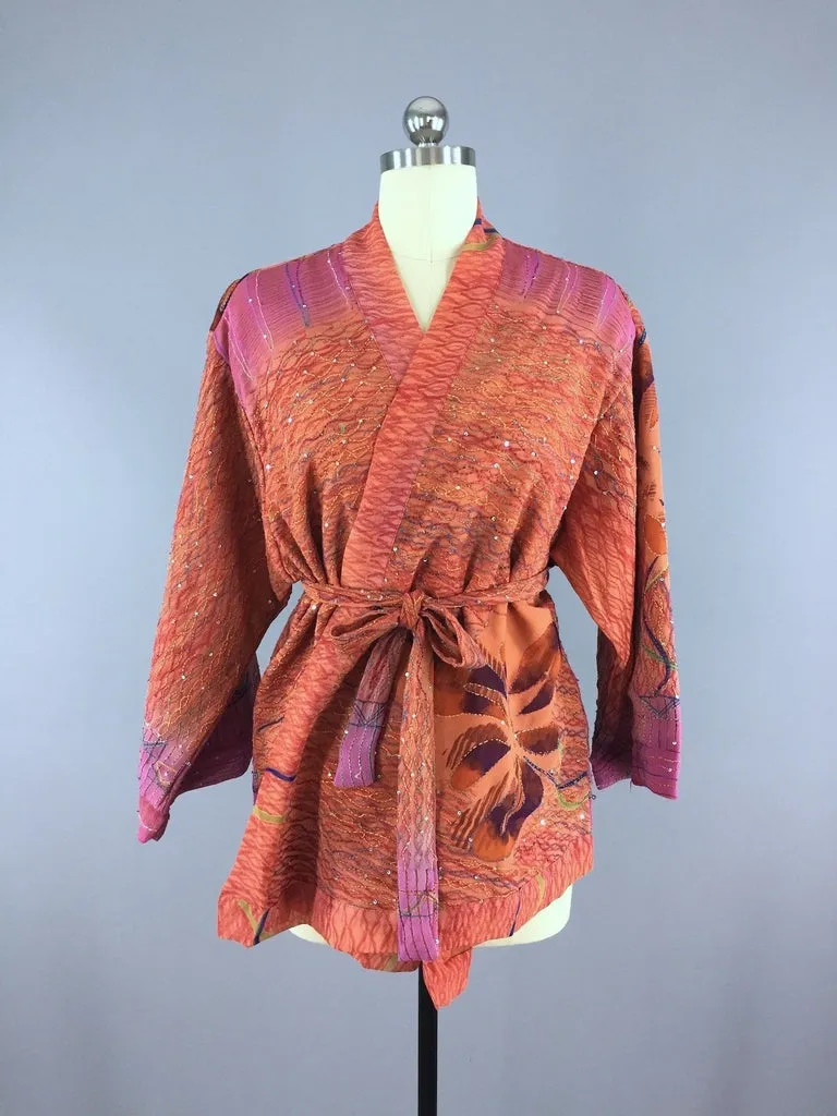 Silk Kimono Cardigan / Vintage Indian Sari / Orange & Purple Floral