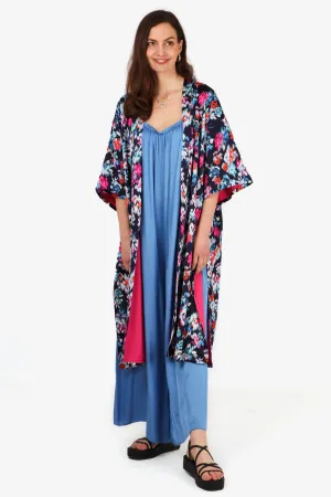 Silk Textured Abstract Floral Print Lined Kimono Jacket in Navy Blue