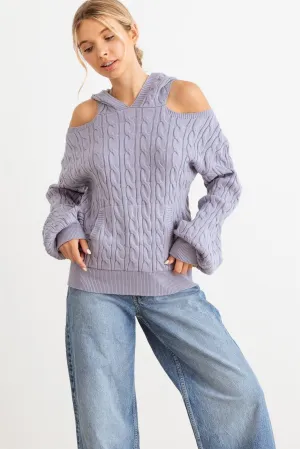 Slate Cable Knit Cold Shoulder Hooded Sweater