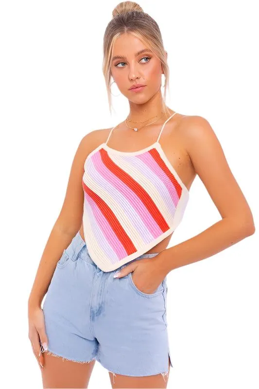 Sleeveless Knit Cropped Top Pink Or Blue Multi