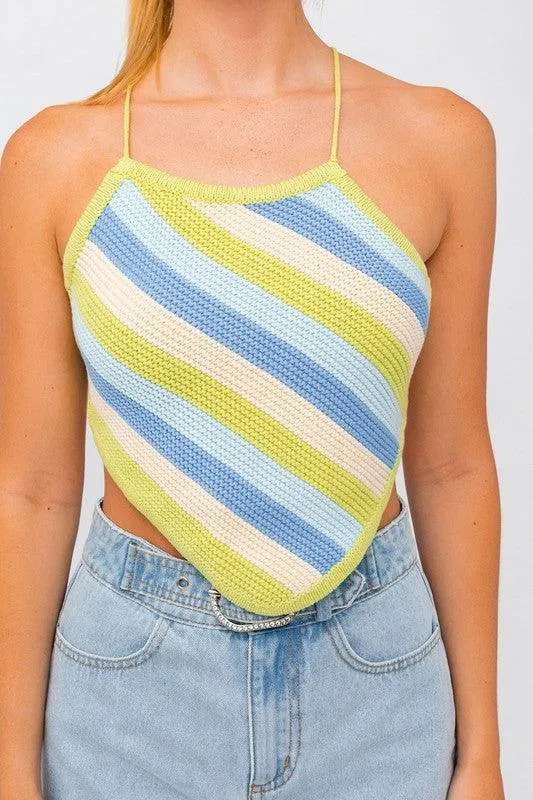 Sleeveless Knit Cropped Top Pink Or Blue Multi